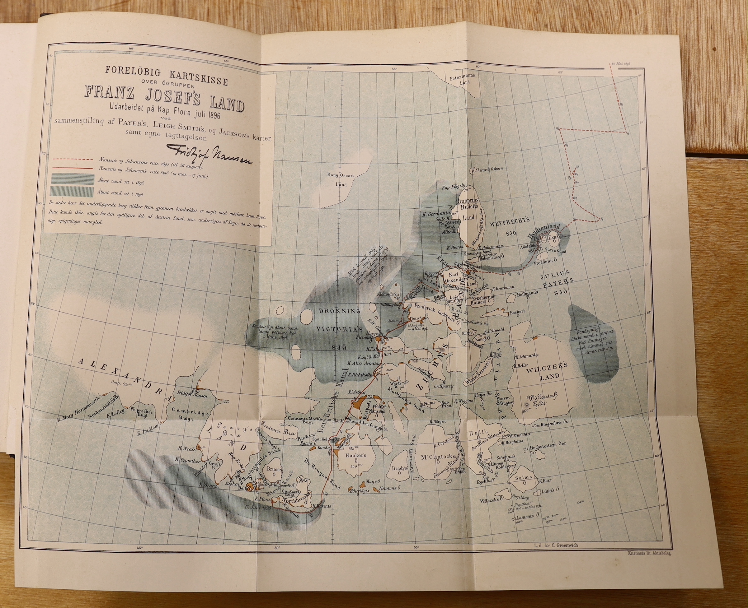 Nansen, Fridtjof - Fram over Polhavet: den Norske Polarfaerd 1893-1896. 2 vols. photogravure portrait, 42 plates (3 coloured and folded) and 3 coloured and folded maps; contemp. half morocco and cloth, patterned e/ps. Kr